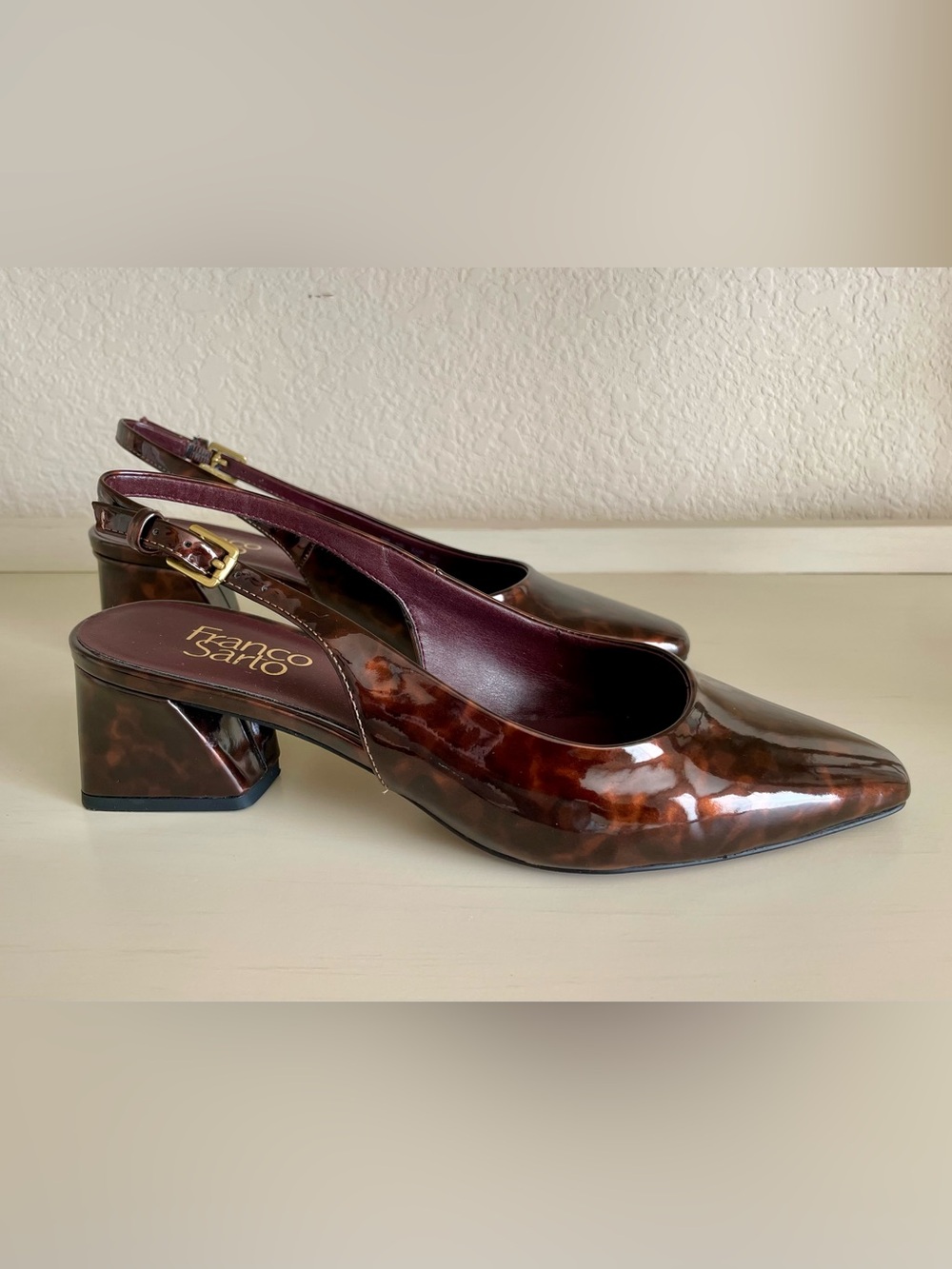 Franco Sarto Brown Tortoiseshell Patent Slingback Heels